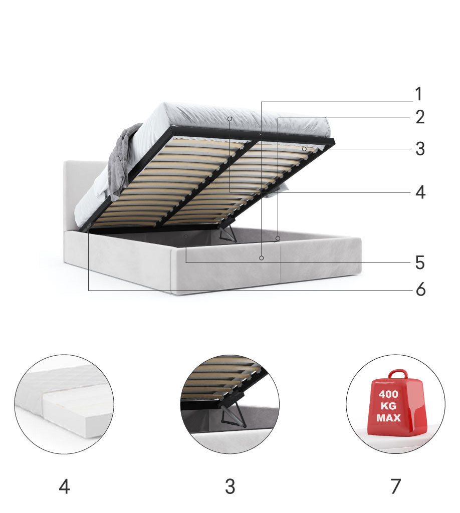 Composants pour Lit double rembourré Le Hilton 180X200 avec coffre, gris clair