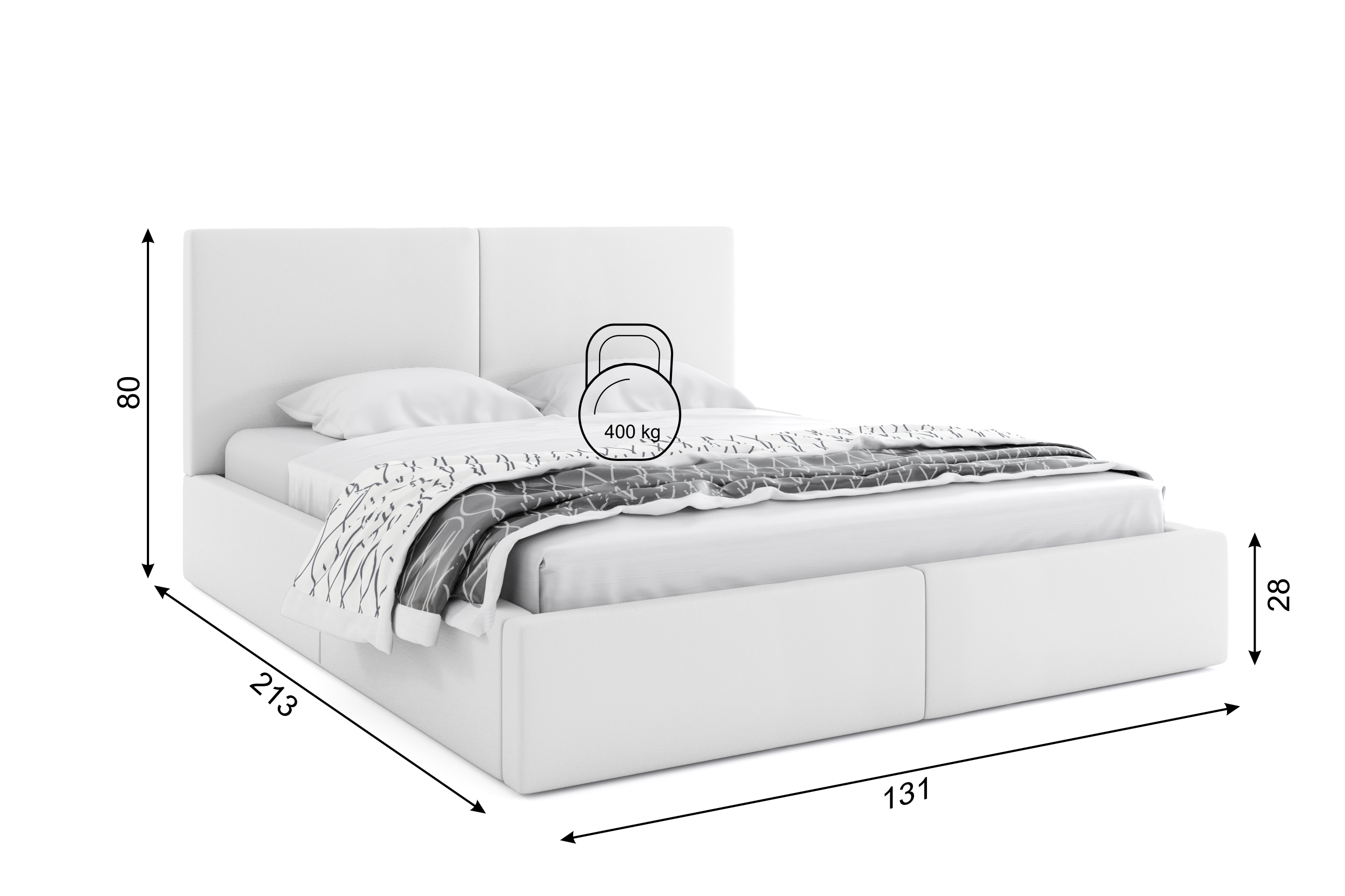 Dimensions et spécifications pour Lit double rembourré Le Hilton 120X200 avec matelas et coffre, blanc Dimensions et spécifications pour Lit double rembourré Le Hilton 120X200 avec matelas et coffre, blanc