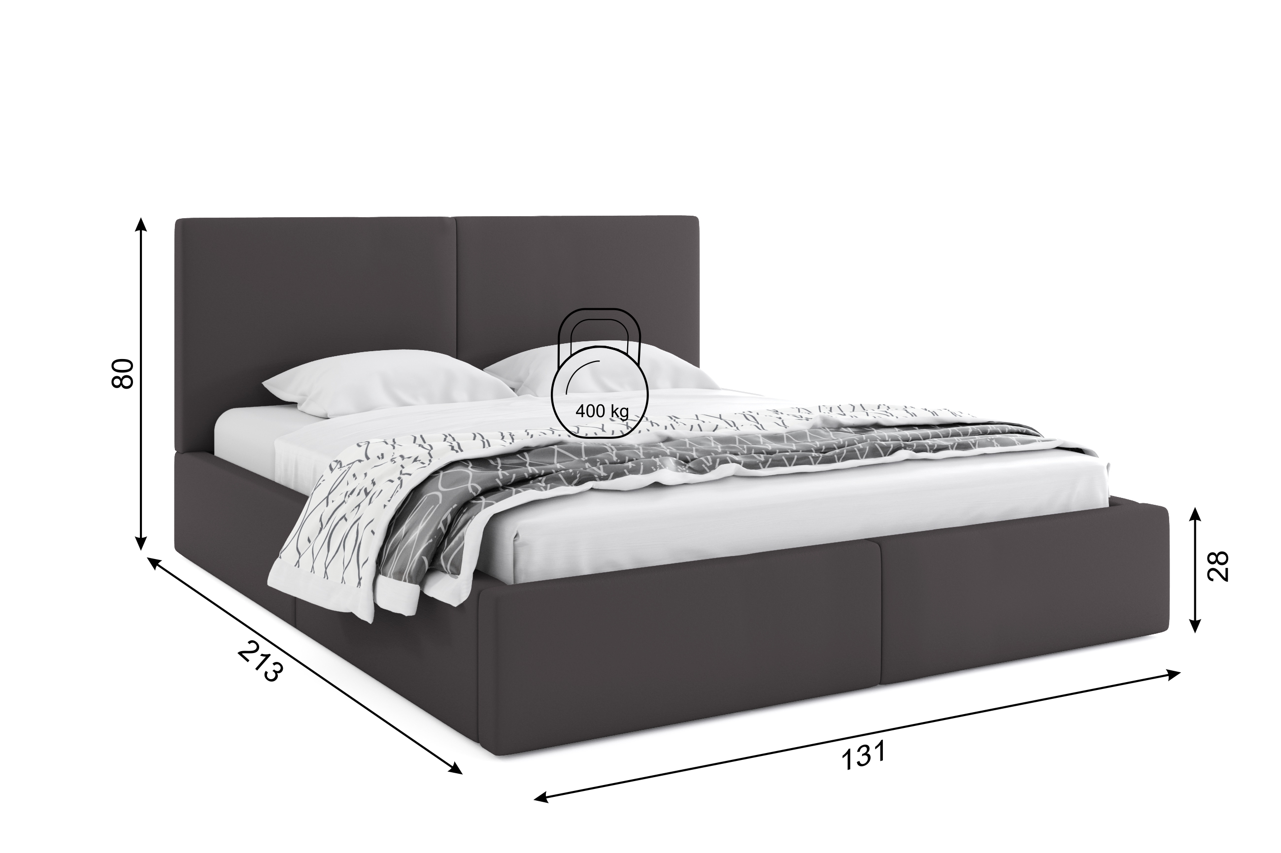 Dimensions et spécifications pour Lit double rembourré Le Hilton 120X200 avec matelas et coffre, gris Dimensions et spécifications pour Lit double rembourré Le Hilton 120X200 avec matelas et coffre, gris