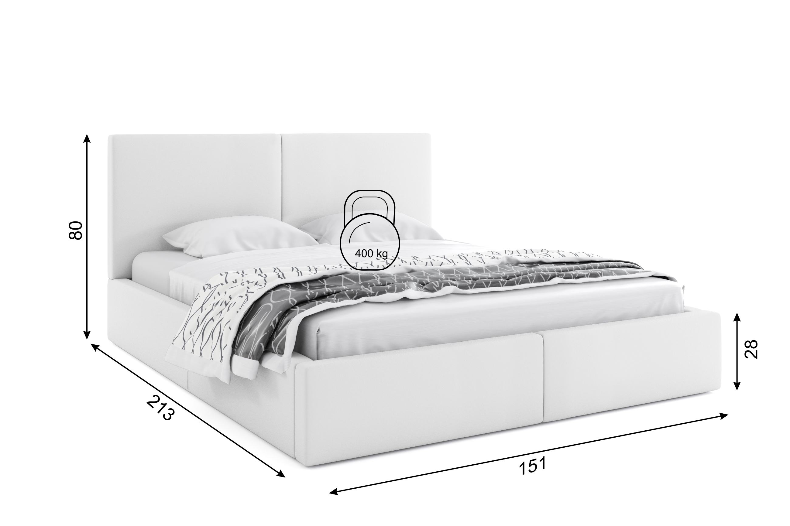 Dimensions et spécifications pour Lit double rembourré Le Hilton 140X200 avec matelas et coffre, blanc Dimensions et spécifications pour Lit double rembourré Le Hilton 140X200 avec matelas et coffre, blanc
