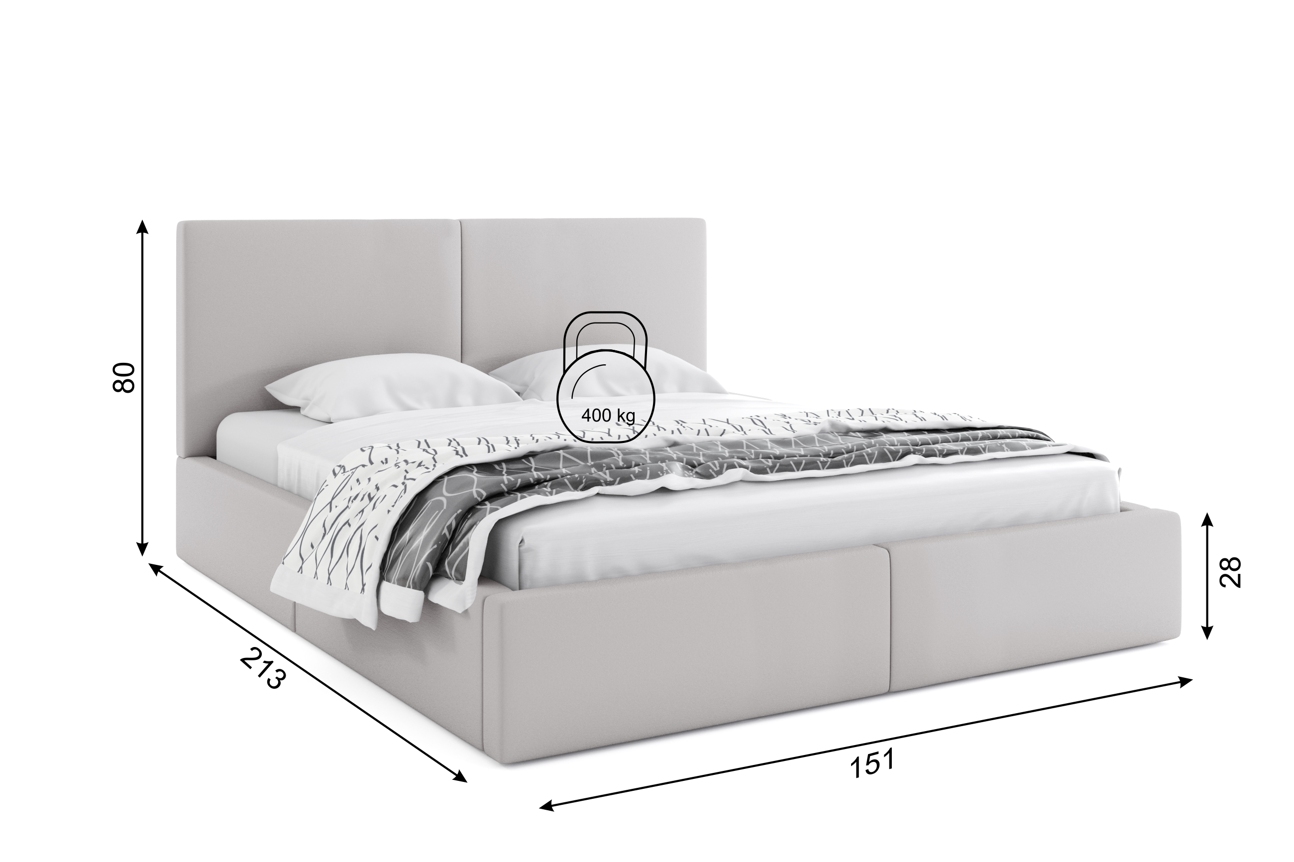 Dimensions et spécifications pour Lit double rembourré Le Hilton 140X200 avec matelas et coffre, gris clair Dimensions et spécifications pour Lit double rembourré Le Hilton 140X200 avec matelas et coffre, gris clair