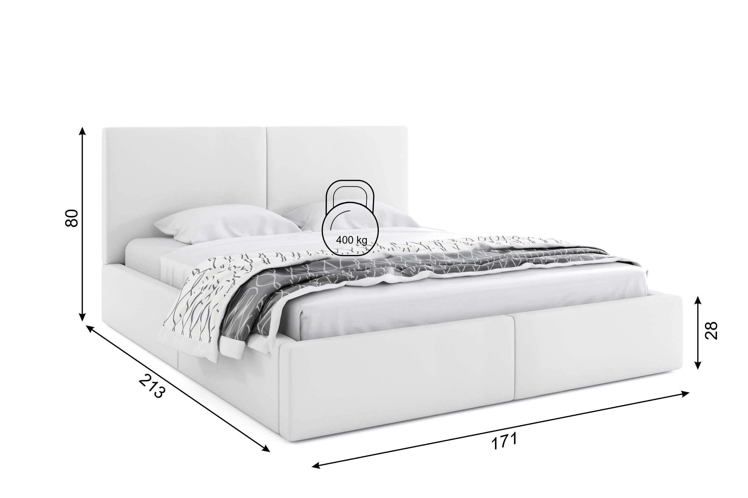 Dimensions et spécifications pour Lit double rembourré Le Hilton 160X200 avec matelas et coffre, blanc Dimensions et spécifications pour Lit double rembourré Le Hilton 160X200 avec matelas et coffre, blanc
