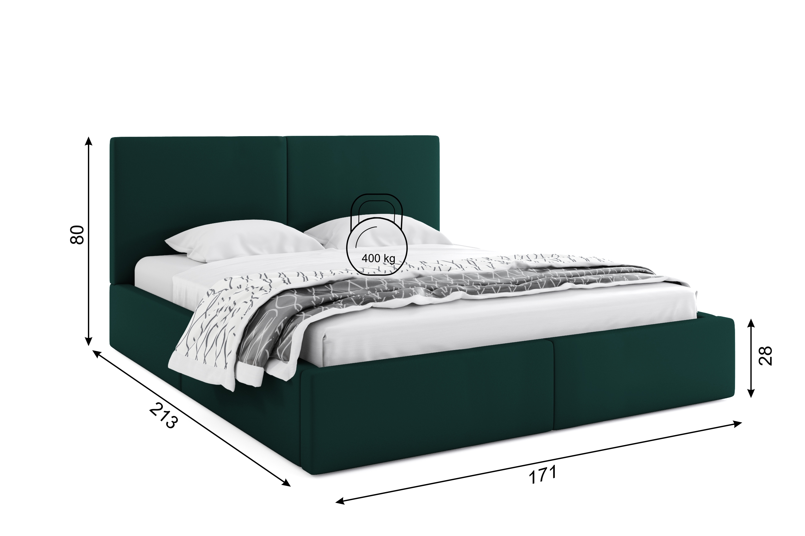 Dimensions et spécifications pour Lit double rembourré Le Hilton 160X200 avec matelas et coffre, vert Dimensions et spécifications pour Lit double rembourré Le Hilton 160X200 avec matelas et coffre, vert