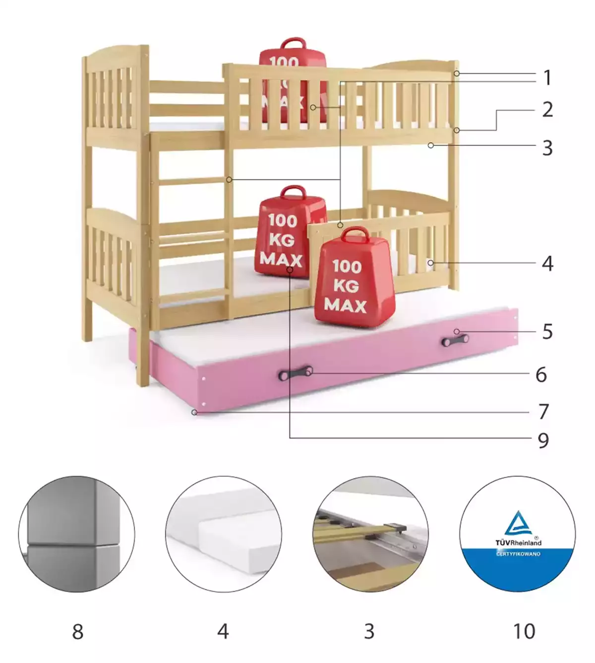 LIT 3 PLACES KUBUS LE CADRE EN PIN LE TIROIR EN ROSE SANS MATELAS 200x90 (composants) LIT 3 PLACES KUBUS LE CADRE EN PIN LE TIROIR EN ROSE SANS MATELAS 200x90 (composants)