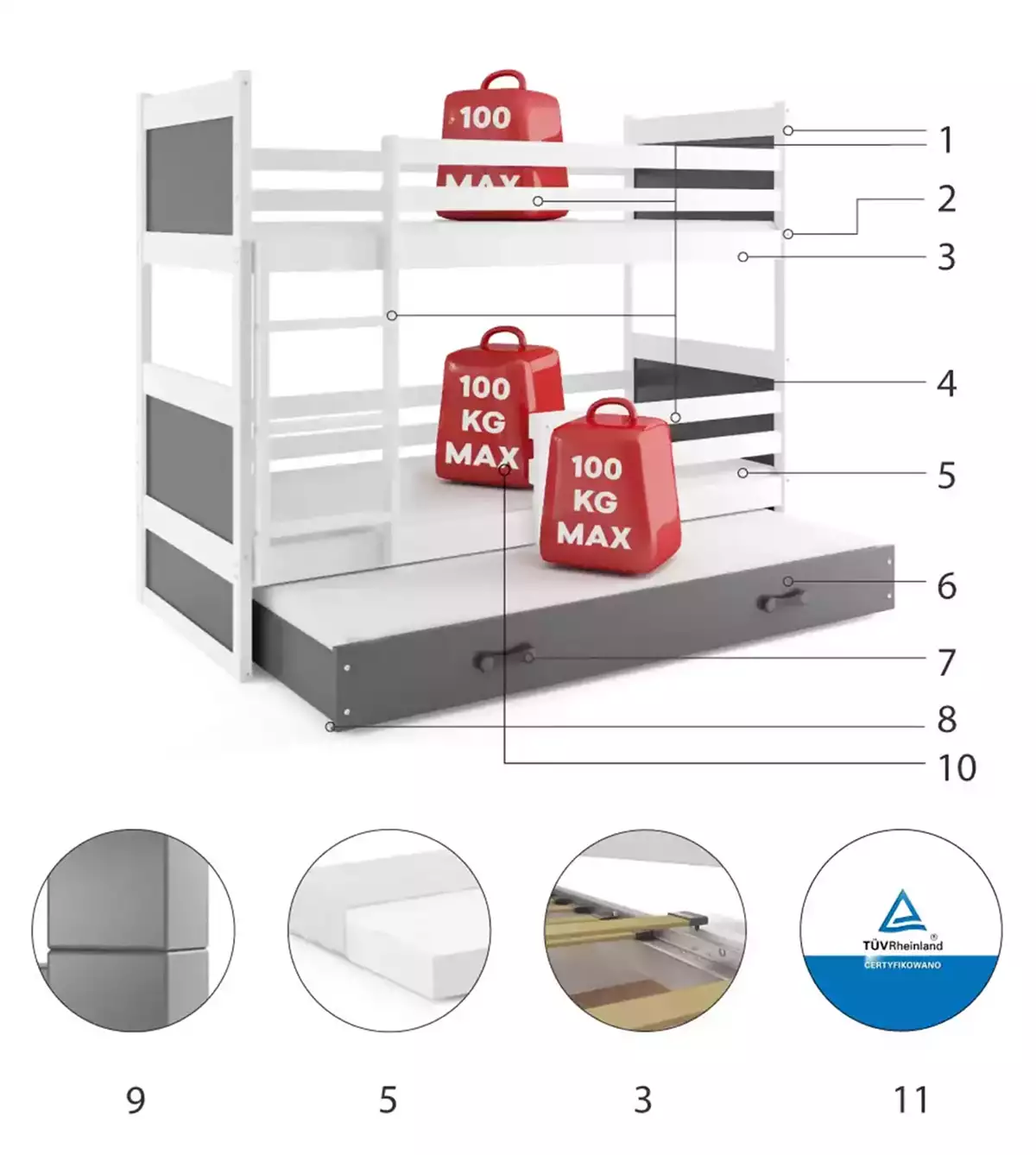 LIT 3 PLACES RICO LE CADRE EN BLANC LES PANNEAUX GRIS LE TIROIR EN GRIS SANS MATELAS 190x90 (composants) LIT 3 PLACES RICO LE CADRE EN BLANC LES PANNEAUX GRIS LE TIROIR EN GRIS SANS MATELAS 190x90 (composants)