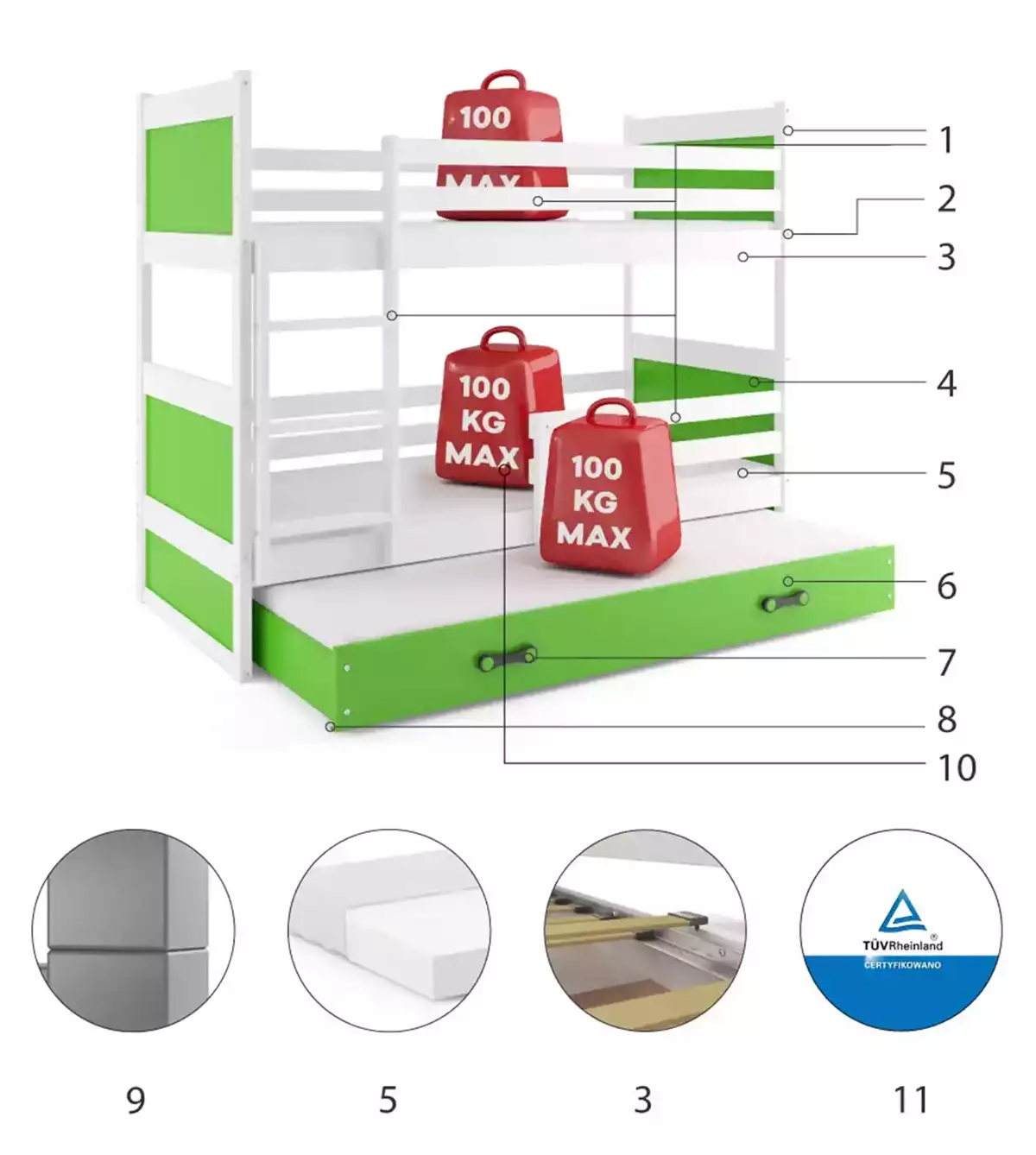 LIT 3 PLACES RICO LE CADRE EN BLANC LES PANNEAUX VERTS LE TIROIR EN VERT SANS MATELAS 190x90 (composants) LIT 3 PLACES RICO LE CADRE EN BLANC LES PANNEAUX VERTS LE TIROIR EN VERT SANS MATELAS 190x90 (composants)