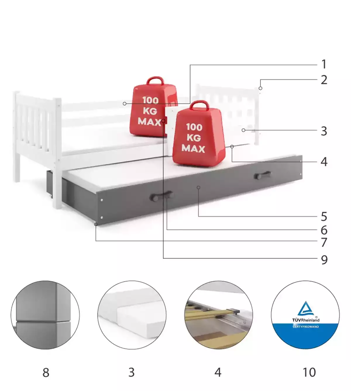 Composants pour Lit ado gigogne Carino 90X190 avec matelas et tiroir, blanc/gris Composants pour Lit ado gigogne Carino 90X190 avec matelas et tiroir, blanc/gris