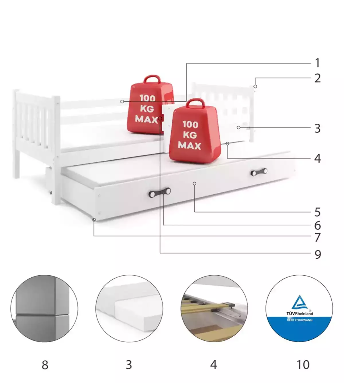 Composants pour Lit ado gigogne Carino 90X190 avec matelas et tiroir, blanc Composants pour Lit ado gigogne Carino 90X190 avec matelas et tiroir, blanc