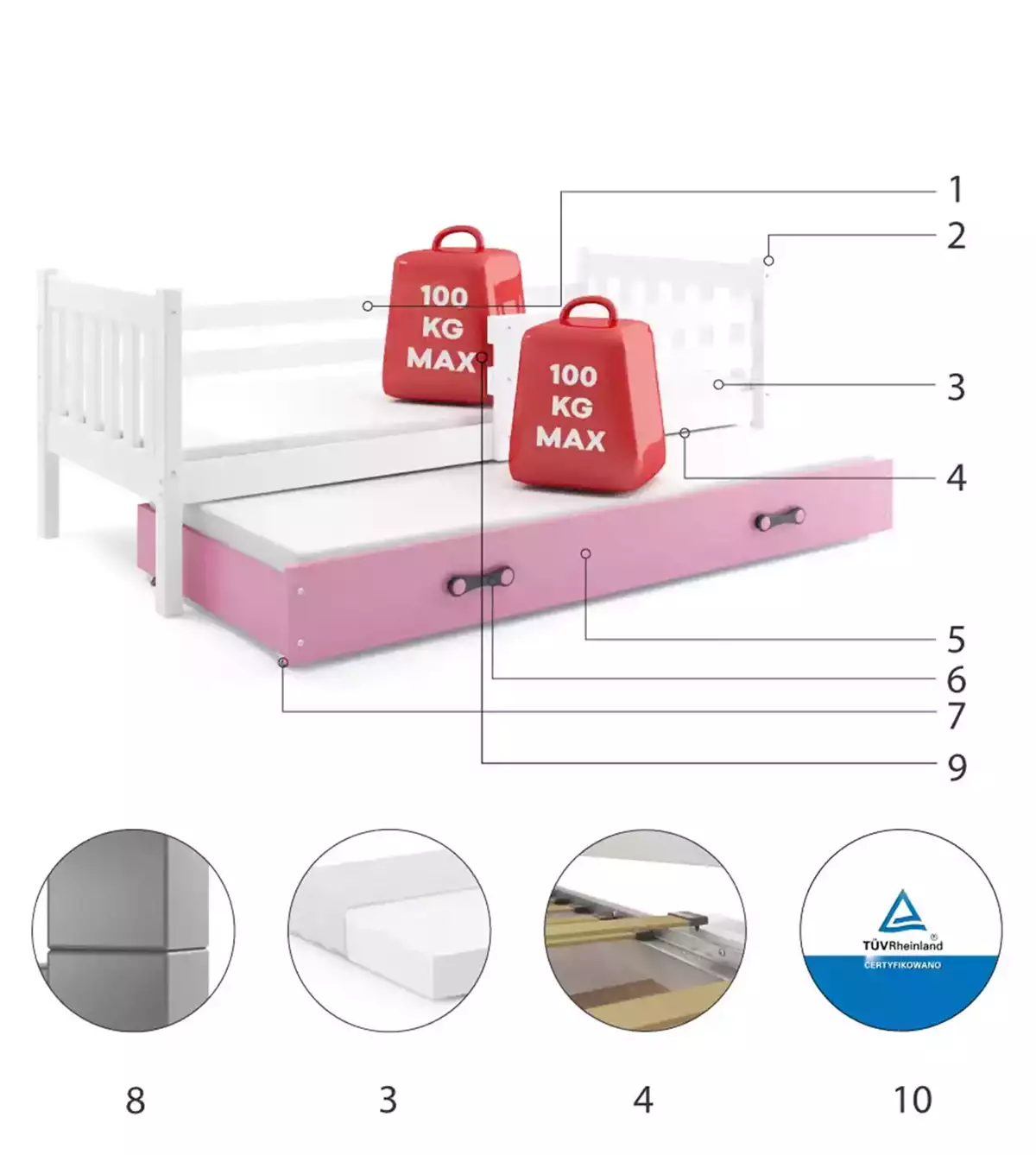 Composants pour Lit ado gigogne Carino 90X190 avec matelas et tiroir, blanc/rose Composants pour Lit ado gigogne Carino 90X190 avec matelas et tiroir, blanc/rose