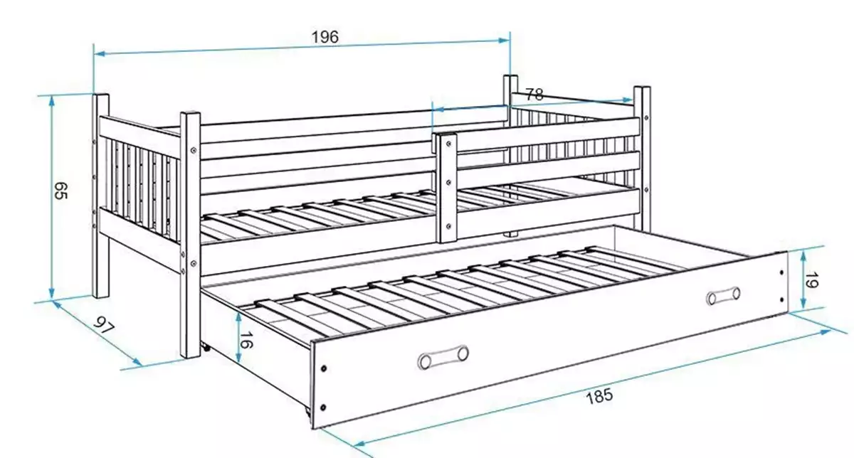 Dimensions et spécifications pour Lit ado gigogne Carino 90X190 avec tiroir, blanc/vert Dimensions et spécifications pour Lit ado gigogne Carino 90X190 avec tiroir, blanc/vert