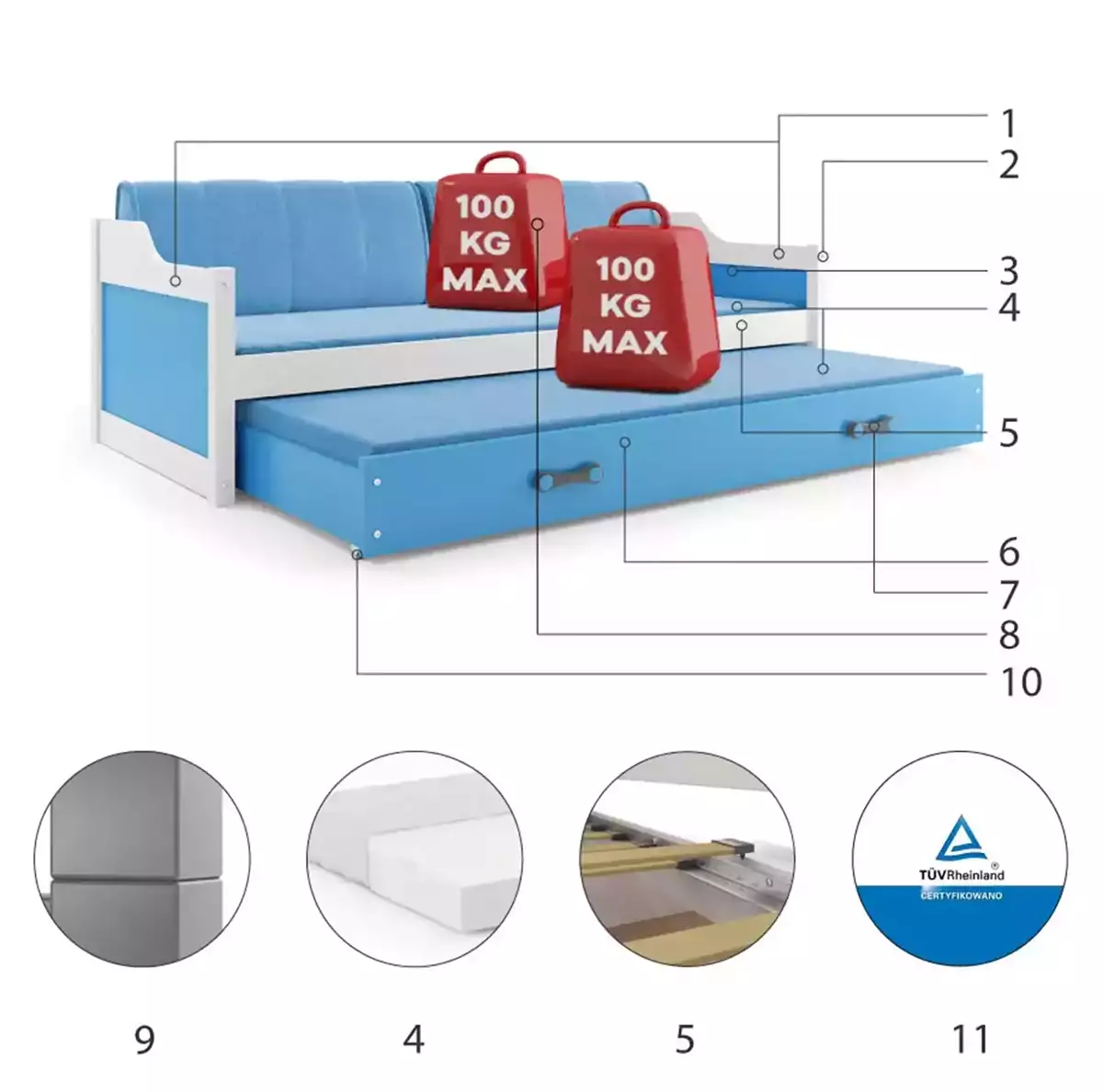 Composants pour Lit ado gigogne David 90X200 avec matelas et tiroir, blanc/bleu Composants pour Lit ado gigogne David 90X200 avec matelas et tiroir, blanc/bleu