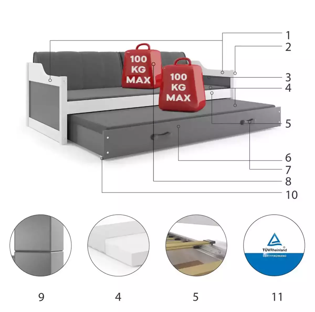 Composants pour Lit ado gigogne David 90X200 avec matelas et tiroir, blanc/gris Composants pour Lit ado gigogne David 90X200 avec matelas et tiroir, blanc/gris