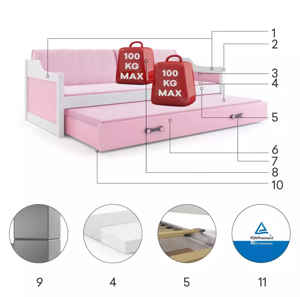 Composants pour Lit ado gigogne David 90X200 avec matelas et tiroir, blanc/rose Composants pour Lit ado gigogne David 90X200 avec matelas et tiroir, blanc/rose