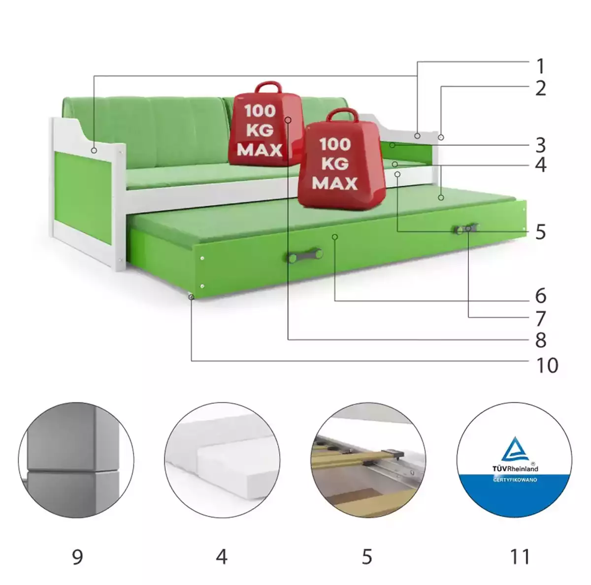 Composants pour Lit ado gigogne David 90X200 avec matelas et tiroir, blanc/vert Composants pour Lit ado gigogne David 90X200 avec matelas et tiroir, blanc/vert
