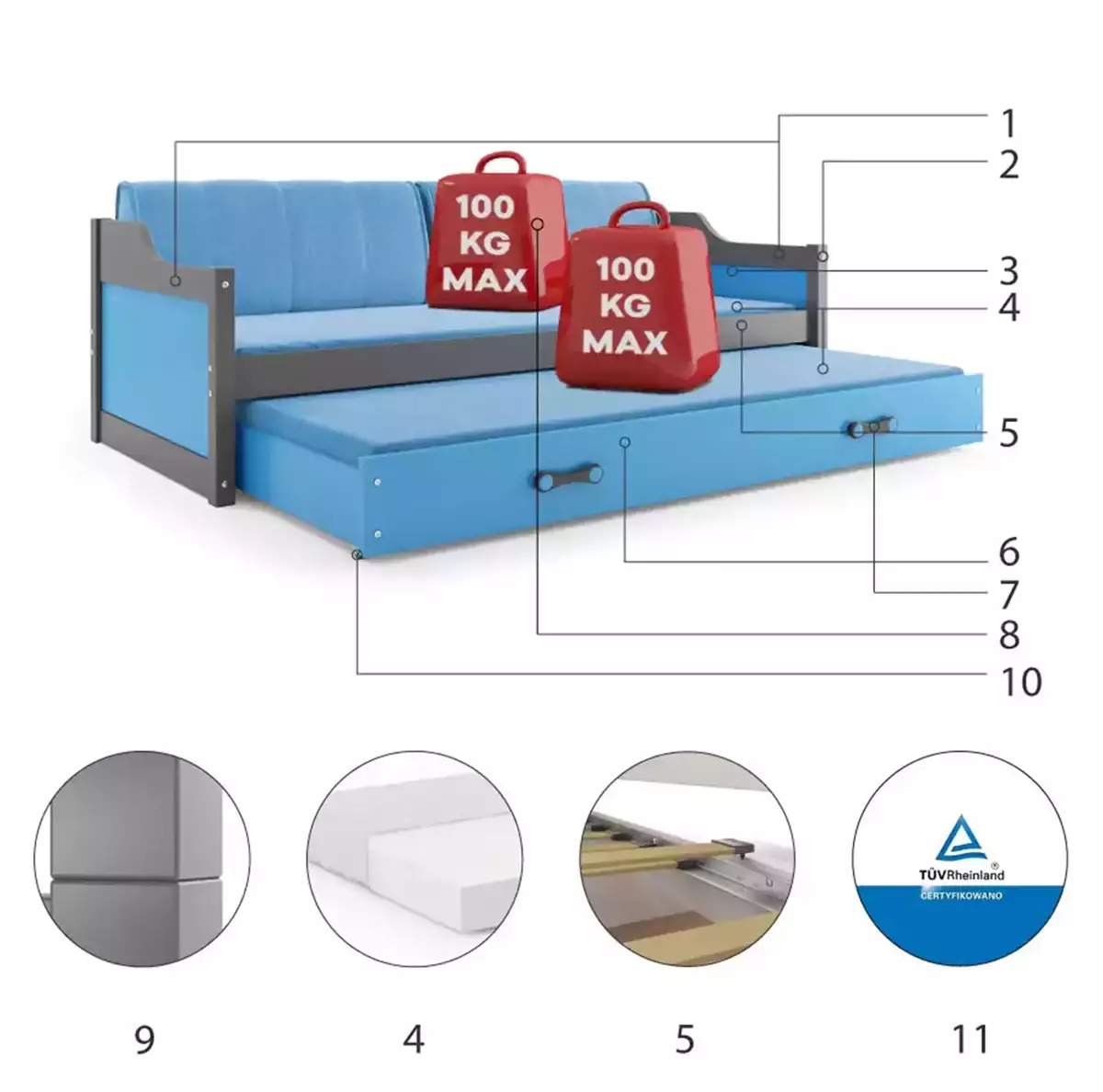 Composants pour Lit ado gigogne David 90X200 avec matelas et tiroir, gris/bleu Composants pour Lit ado gigogne David 90X200 avec matelas et tiroir, gris/bleu