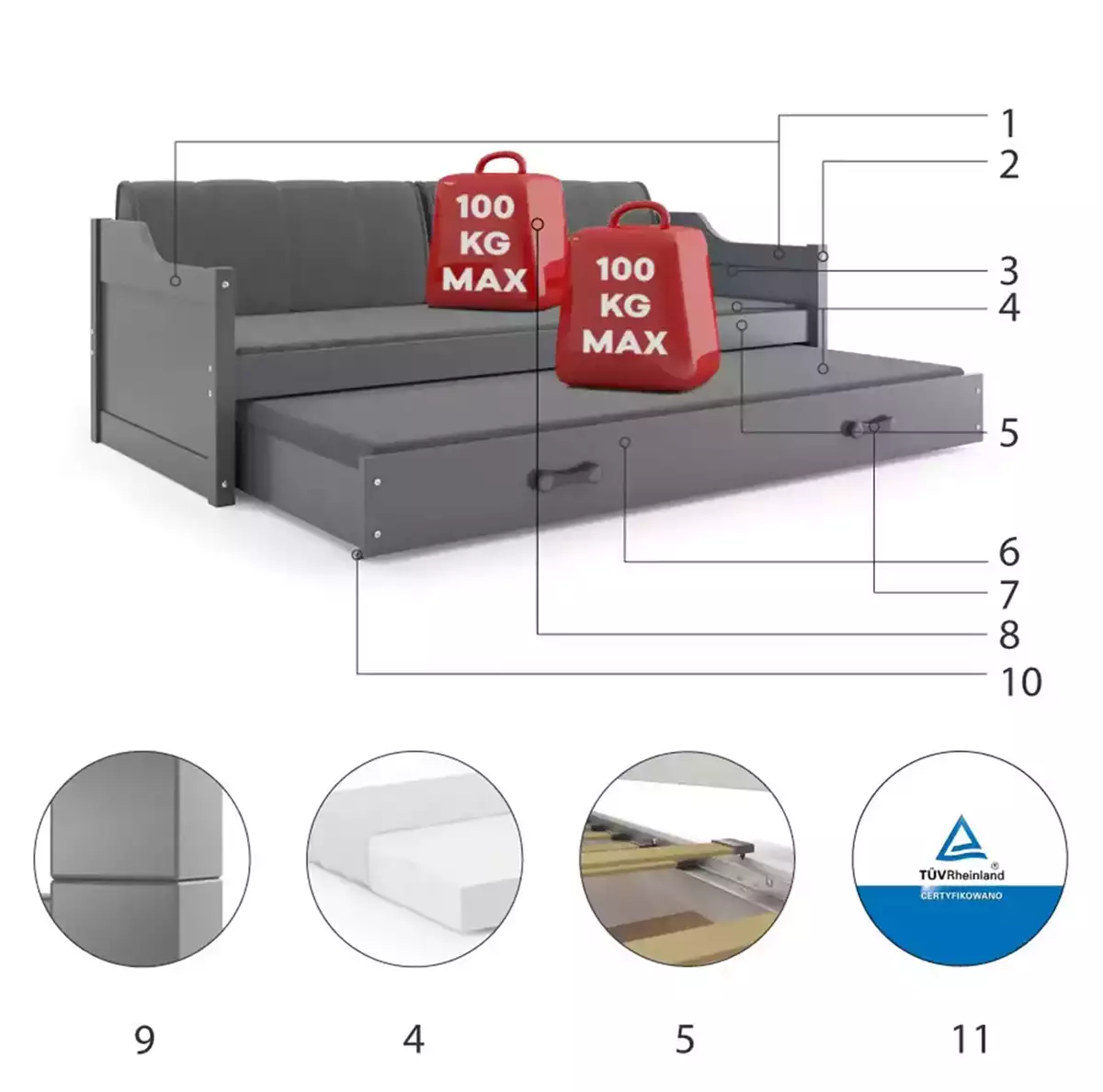 Composants pour Lit ado gigogne David 90X200 avec matelas et tiroir, gris Composants pour Lit ado gigogne David 90X200 avec matelas et tiroir, gris