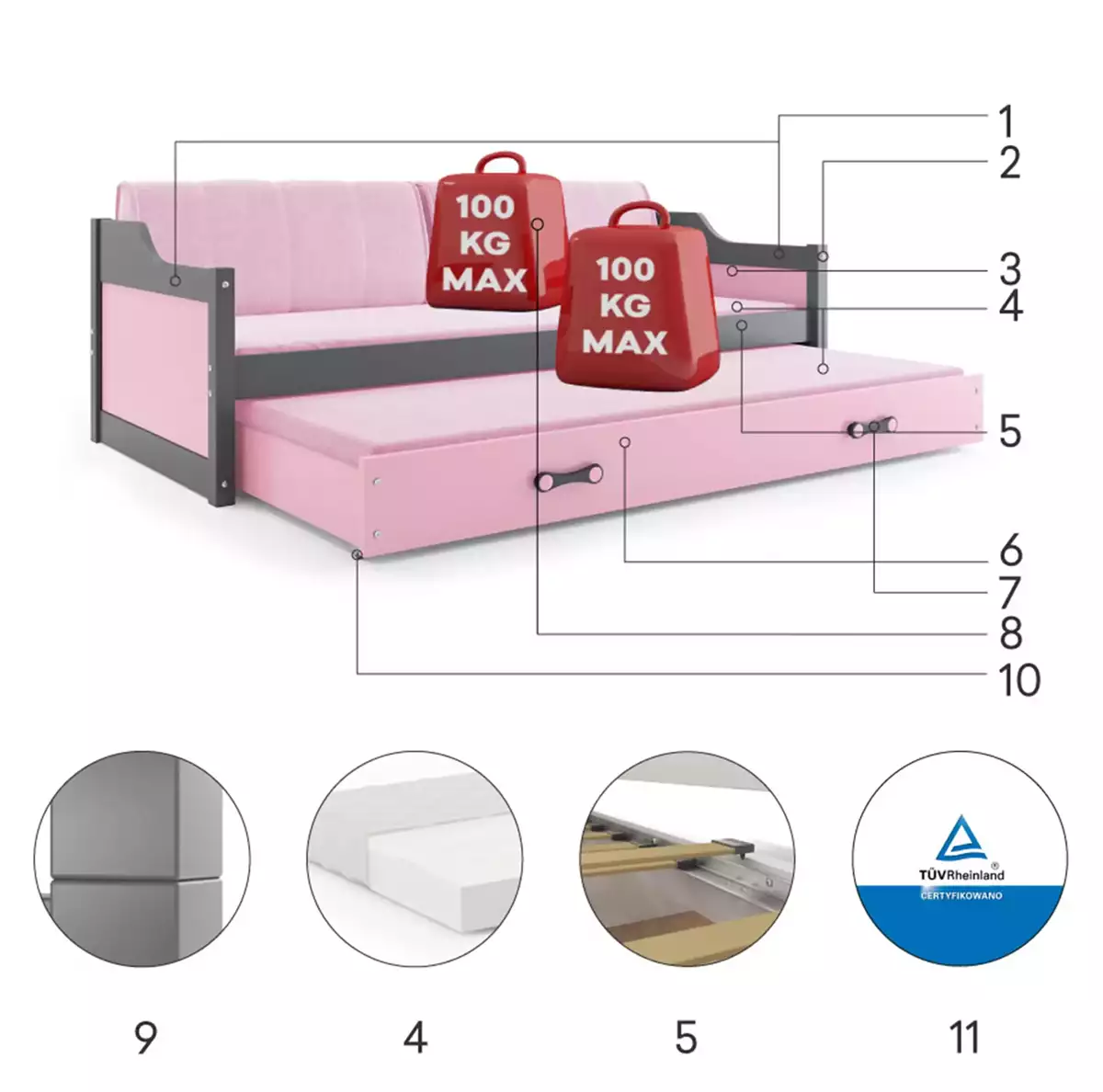 Composants pour Lit ado gigogne David 90X200 avec matelas et tiroir, gris/rose Composants pour Lit ado gigogne David 90X200 avec matelas et tiroir, gris/rose