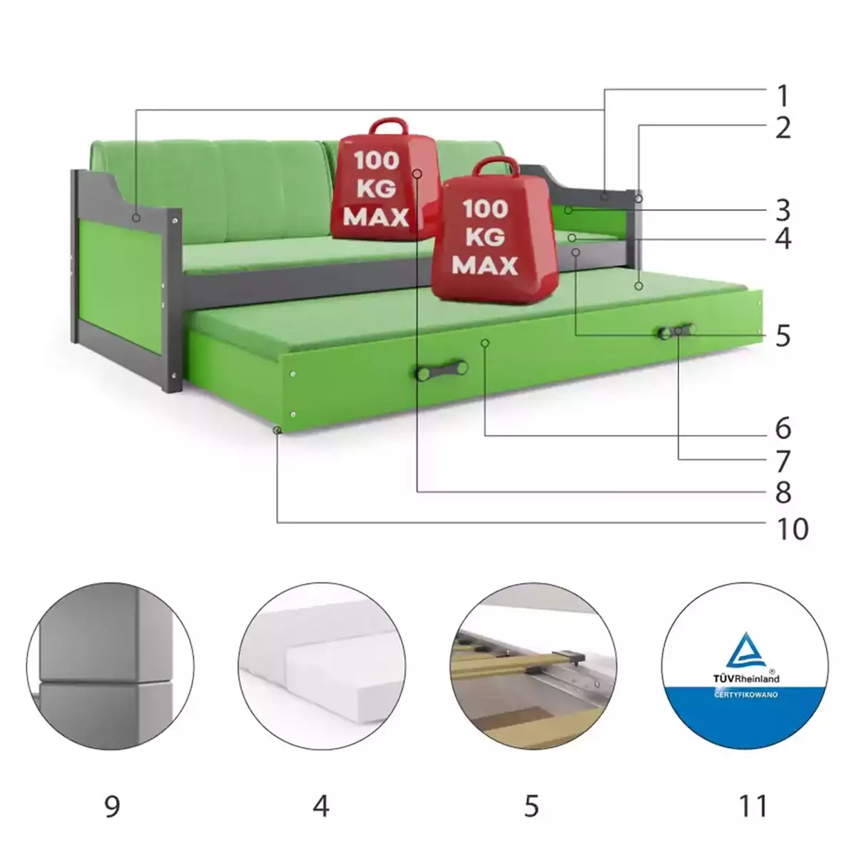 Composants pour Lit ado gigogne David 90X200 avec matelas et tiroir, gris/vert Composants pour Lit ado gigogne David 90X200 avec matelas et tiroir, gris/vert