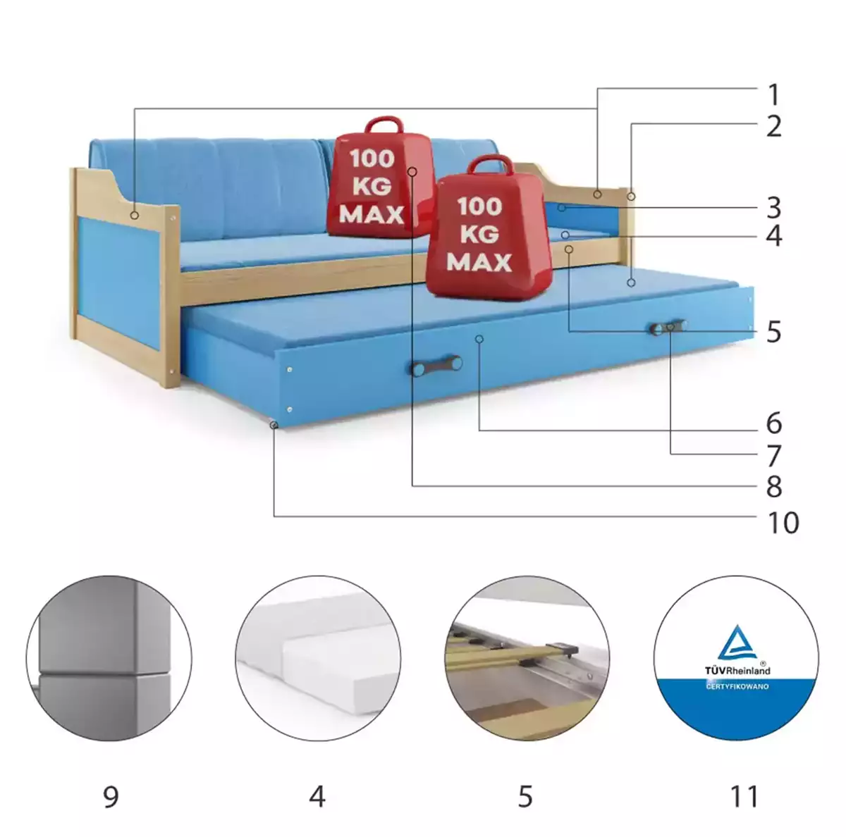 Composants pour Lit ado gigogne David 90X200 avec matelas et tiroir, pin/bleu Composants pour Lit ado gigogne David 90X200 avec matelas et tiroir, pin/bleu
