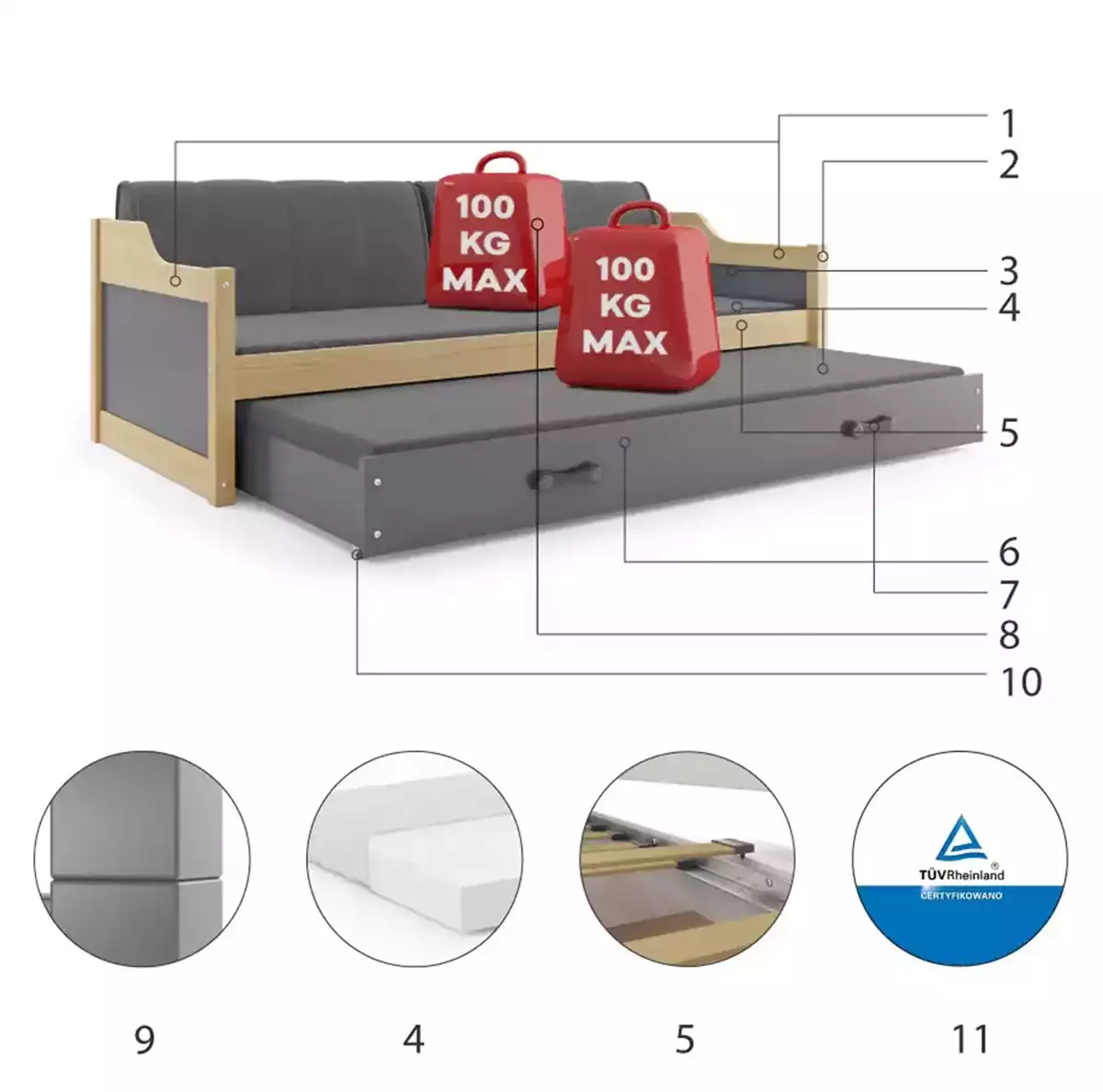 Composants pour Lit ado gigogne David 90X200 avec matelas et tiroir, pin/gris Composants pour Lit ado gigogne David 90X200 avec matelas et tiroir, pin/gris
