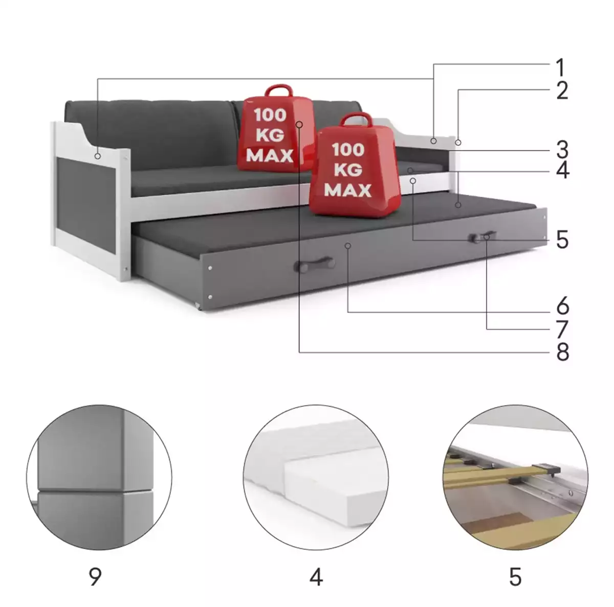 Composants pour Lit ado gigogne David 90X200 avec matelas et tiroir, pin/rose Composants pour Lit ado gigogne David 90X200 avec matelas et tiroir, pin/rose
