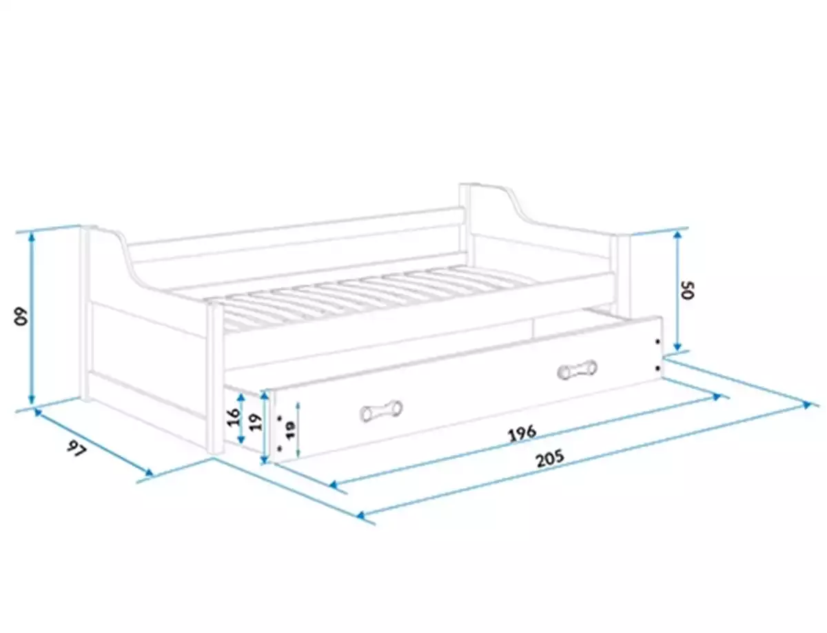 Dimensions et spécifications pour Lit ado gigogne David 90X200 avec matelas et tiroir, pin/vert Dimensions et spécifications pour Lit ado gigogne David 90X200 avec matelas et tiroir, pin/vert
