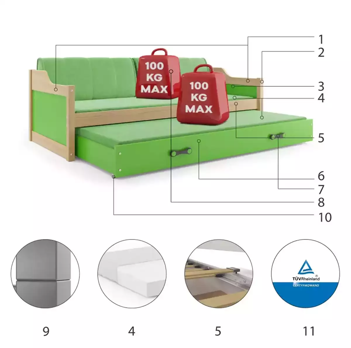 Composants pour Lit ado gigogne David 90X200 avec matelas et tiroir, pin/vert Composants pour Lit ado gigogne David 90X200 avec matelas et tiroir, pin/vert