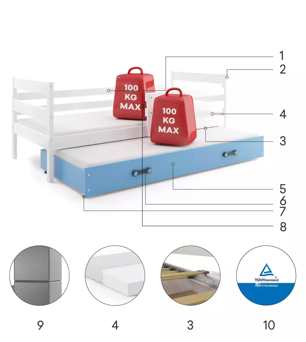 Composants pour Lit ado gigogne Éric 80X190 avec matelas et tiroir, blanc/bleu Composants pour Lit ado gigogne Éric 80X190 avec matelas et tiroir, blanc/bleu