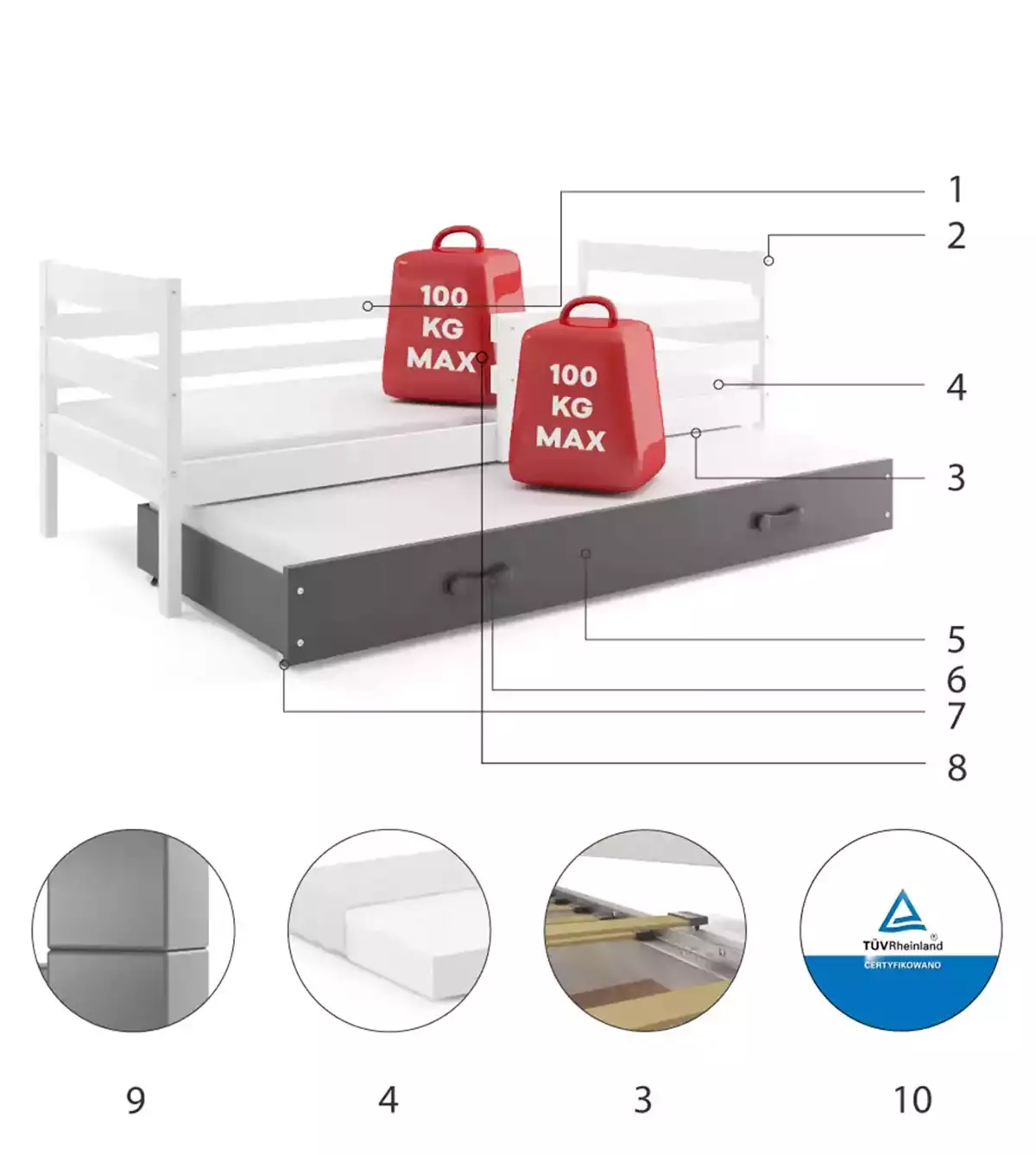 Composants pour Lit ado gigogne Éric 80X190 avec matelas et tiroir, blanc/gris Composants pour Lit ado gigogne Éric 80X190 avec matelas et tiroir, blanc/gris