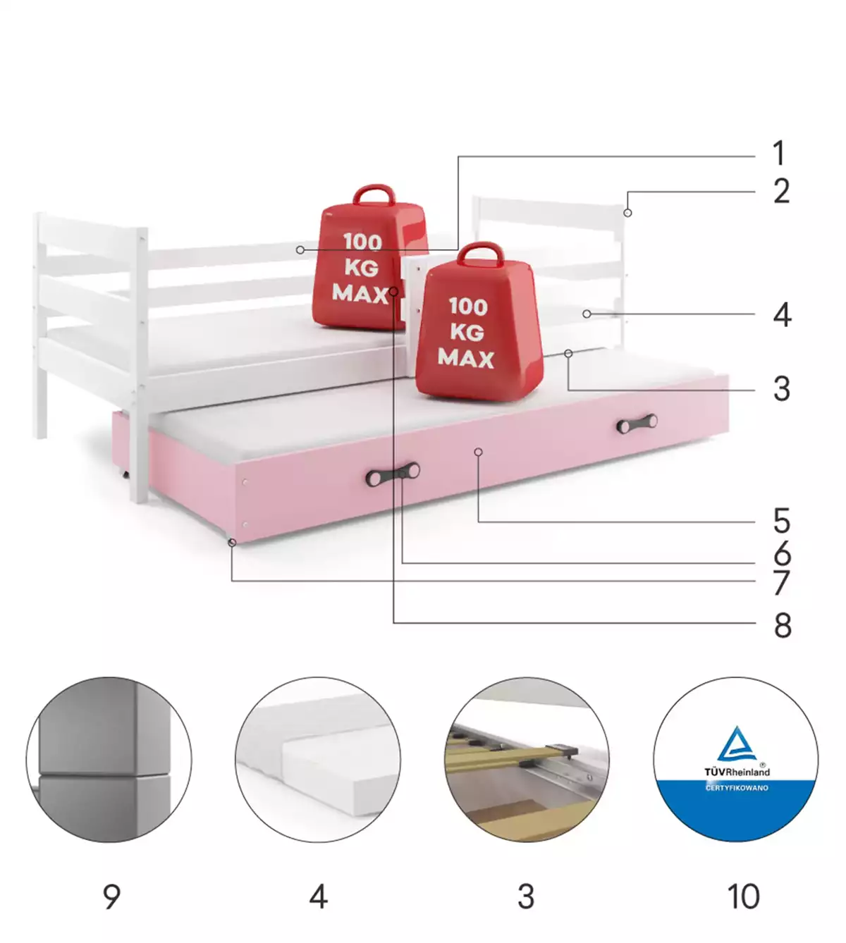 Composants pour Lit ado gigogne Éric 80X190 avec matelas et tiroir, blanc/rose Composants pour Lit ado gigogne Éric 80X190 avec matelas et tiroir, blanc/rose
