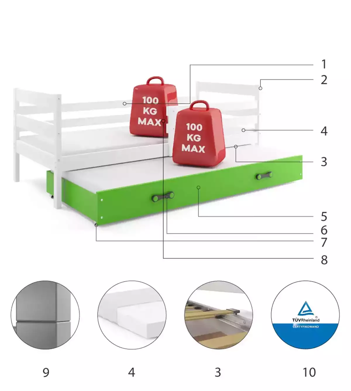 Composants pour Lit ado gigogne Éric 80X190 avec matelas et tiroir, blanc/vert Composants pour Lit ado gigogne Éric 80X190 avec matelas et tiroir, blanc/vert