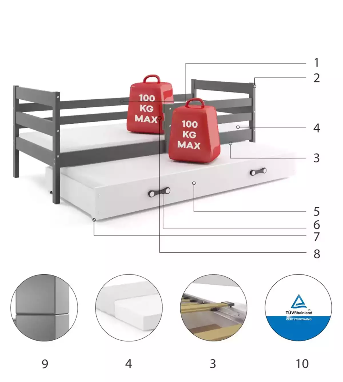 Composants pour Lit ado gigogne Éric 80X190 avec matelas et tiroir, gris/blanc Composants pour Lit ado gigogne Éric 80X190 avec matelas et tiroir, gris/blanc