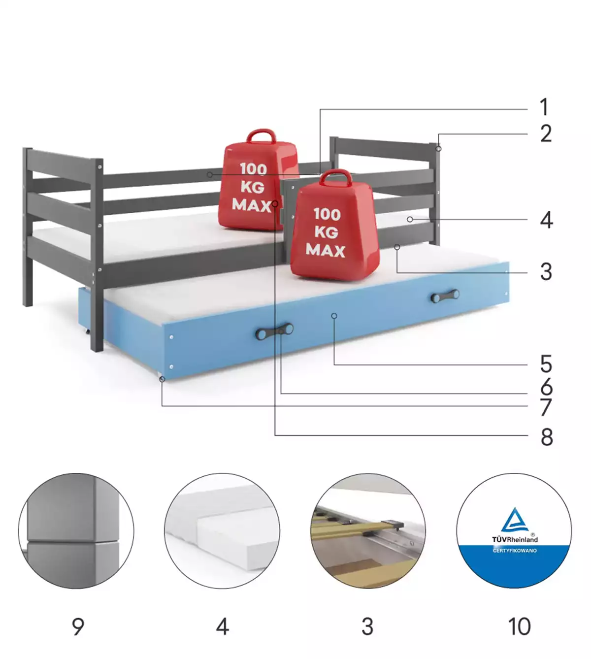 Composants pour Lit ado gigogne Éric 80X190 avec matelas et tiroir, gris/bleu Composants pour Lit ado gigogne Éric 80X190 avec matelas et tiroir, gris/bleu