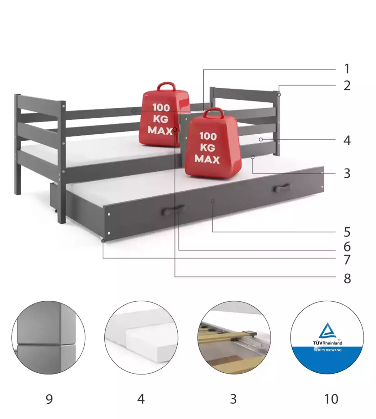 Composants pour Lit ado gigogne Éric 80X190 avec matelas et tiroir, gris Composants pour Lit ado gigogne Éric 80X190 avec matelas et tiroir, gris