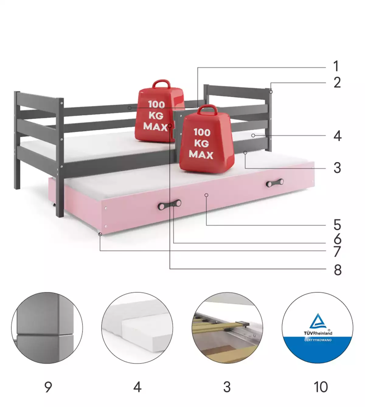 Composants pour Lit ado gigogne Éric 80X190 avec matelas et tiroir, gris/rose Composants pour Lit ado gigogne Éric 80X190 avec matelas et tiroir, gris/rose