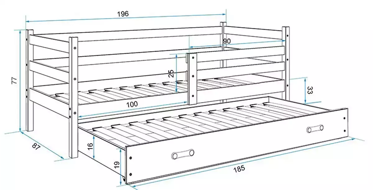 Dimensions et spécifications pour Lit ado gigogne Éric 80X190 avec matelas et tiroir, pin/blanc Dimensions et spécifications pour Lit ado gigogne Éric 80X190 avec matelas et tiroir, pin/blanc