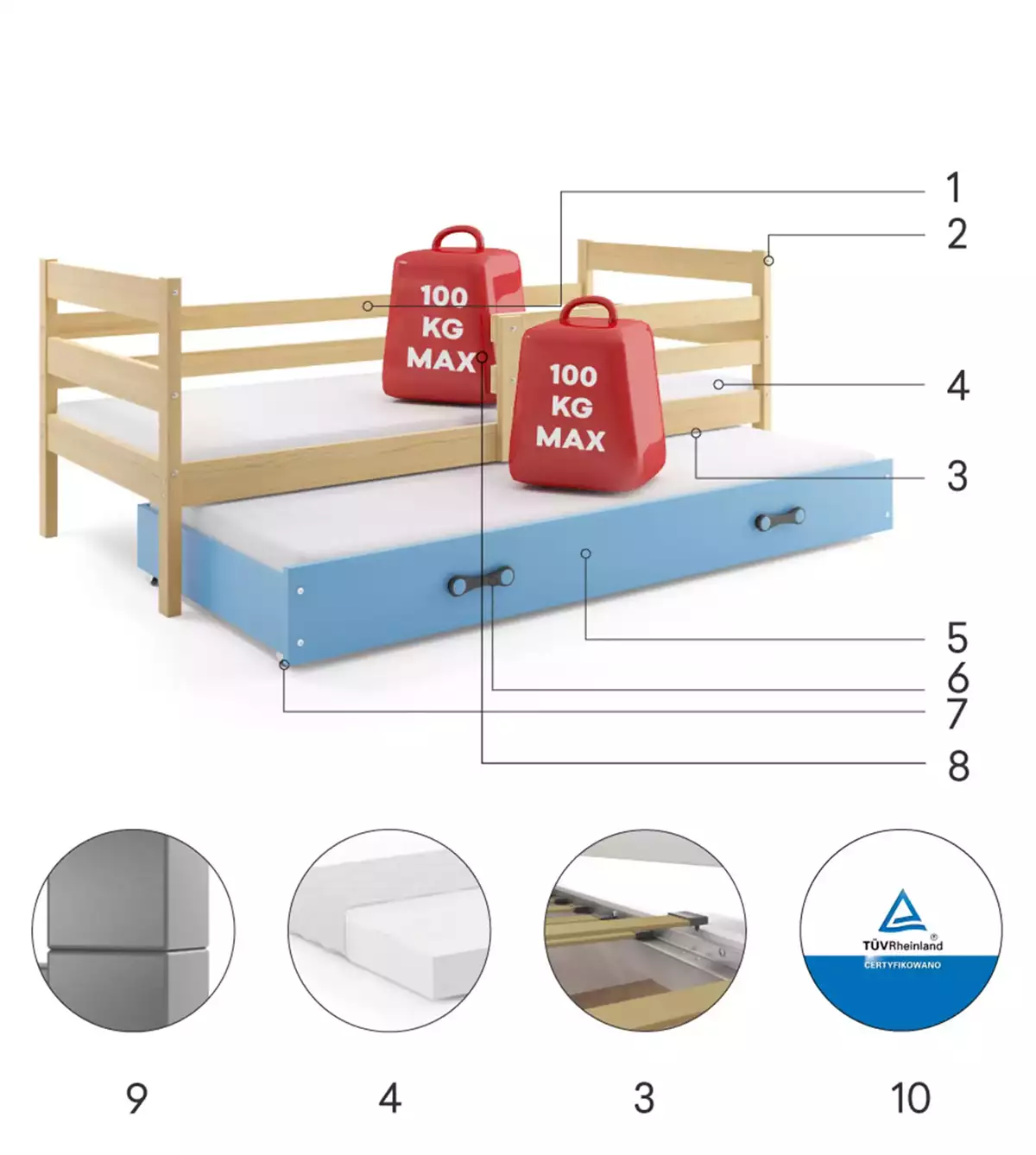 Composants pour Lit ado gigogne Éric 80X190 avec matelas et tiroir, pin/bleu Composants pour Lit ado gigogne Éric 80X190 avec matelas et tiroir, pin/bleu