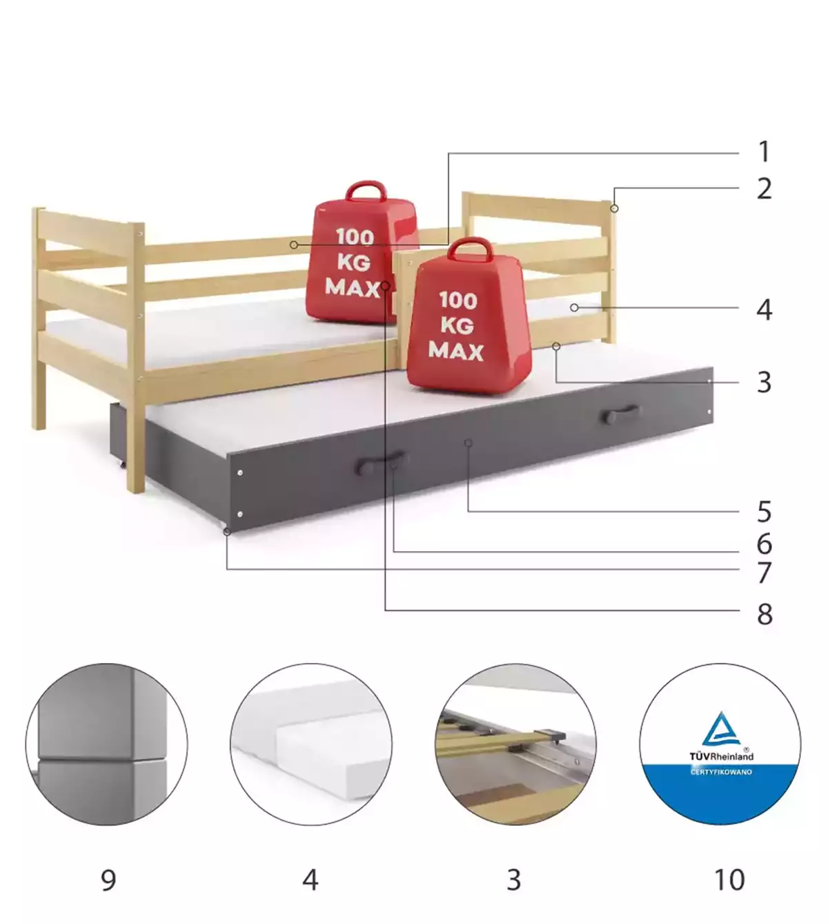 Composants pour Lit ado gigogne Éric 80X190 avec matelas et tiroir, pin/gris Composants pour Lit ado gigogne Éric 80X190 avec matelas et tiroir, pin/gris