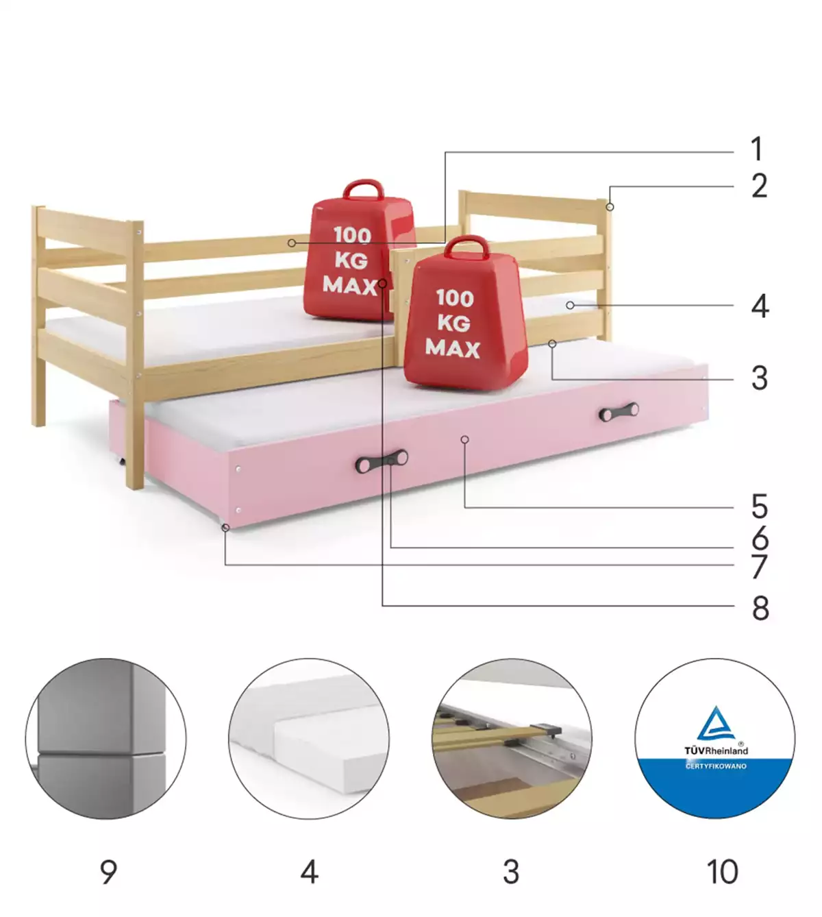 Composants pour Lit ado gigogne Éric 80X190 avec matelas et tiroir, pin/rose Composants pour Lit ado gigogne Éric 80X190 avec matelas et tiroir, pin/rose