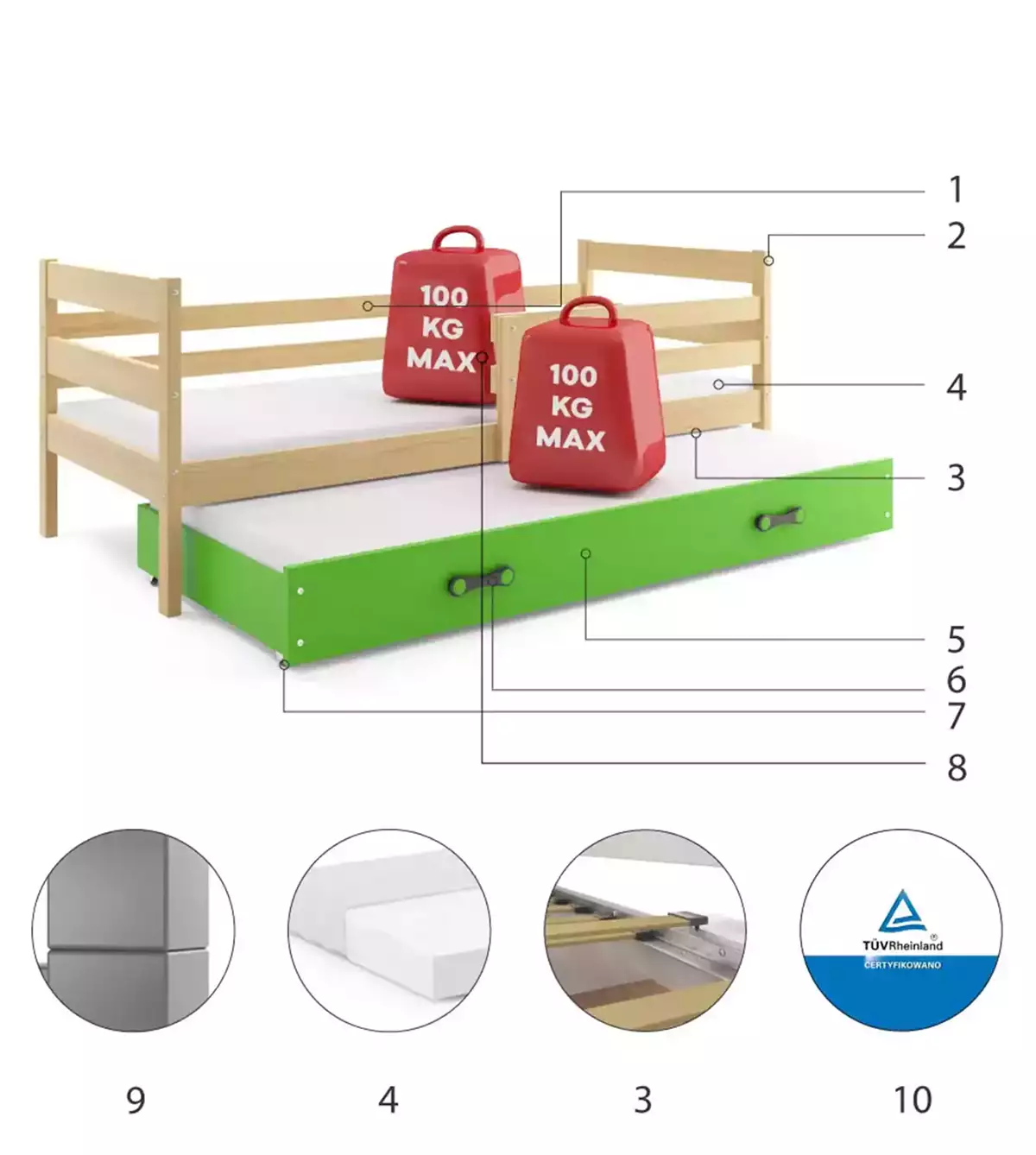 Composants pour Lit ado gigogne Éric 80X190 avec matelas et tiroir, pin/vert Composants pour Lit ado gigogne Éric 80X190 avec matelas et tiroir, pin/vert