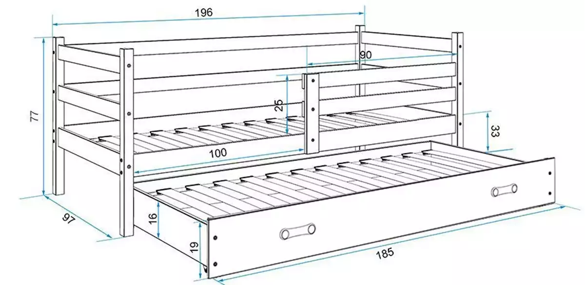 Dimensions et spécifications pour Lit ado gigogne Éric 90X190 avec matelas et tiroir, blanc Dimensions et spécifications pour Lit ado gigogne Éric 90X190 avec matelas et tiroir, blanc