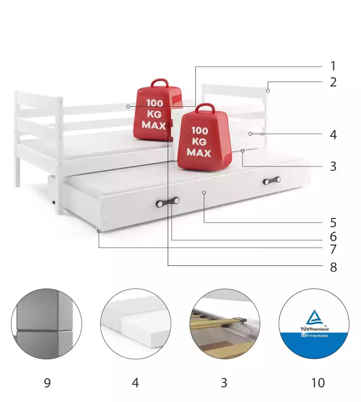 Composants pour Lit ado gigogne Éric 90X190 avec matelas et tiroir, blanc Composants pour Lit ado gigogne Éric 90X190 avec matelas et tiroir, blanc