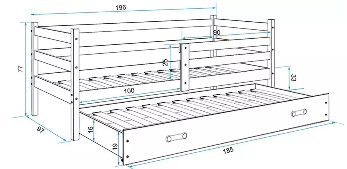 Dimensions et spécifications pour Lit ado gigogne Éric 90X190 avec matelas et tiroir, gris/vert Dimensions et spécifications pour Lit ado gigogne Éric 90X190 avec matelas et tiroir, gris/vert