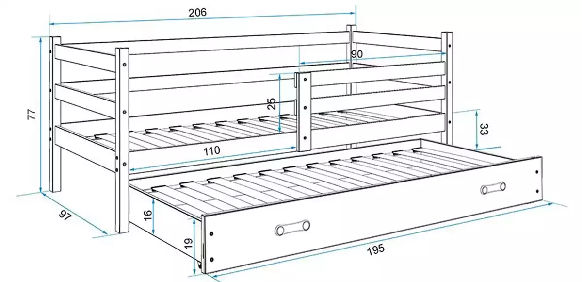 Dimensions et spécifications pour Lit ado gigogne Éric 90X200 avec matelas et tiroir, pin/blanc Dimensions et spécifications pour Lit ado gigogne Éric 90X200 avec matelas et tiroir, pin/blanc