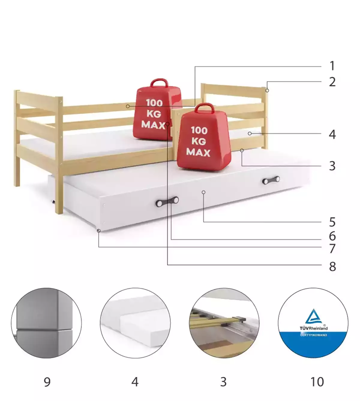 Composants pour Lit ado gigogne Éric 90X200 avec matelas et tiroir, pin/blanc Composants pour Lit ado gigogne Éric 90X200 avec matelas et tiroir, pin/blanc