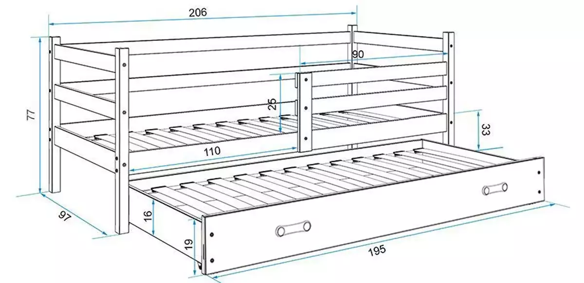 Dimensions et spécifications pour Lit ado gigogne Éric 90X200 avec tiroir, blanc/gris Dimensions et spécifications pour Lit ado gigogne Éric 90X200 avec tiroir, blanc/gris