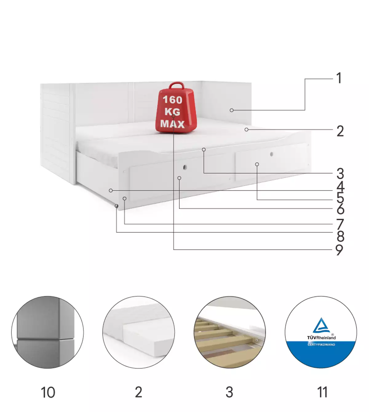 Composants pour Lit ado gigogne Hermès 80X200 avec matelas et tiroir, blanc