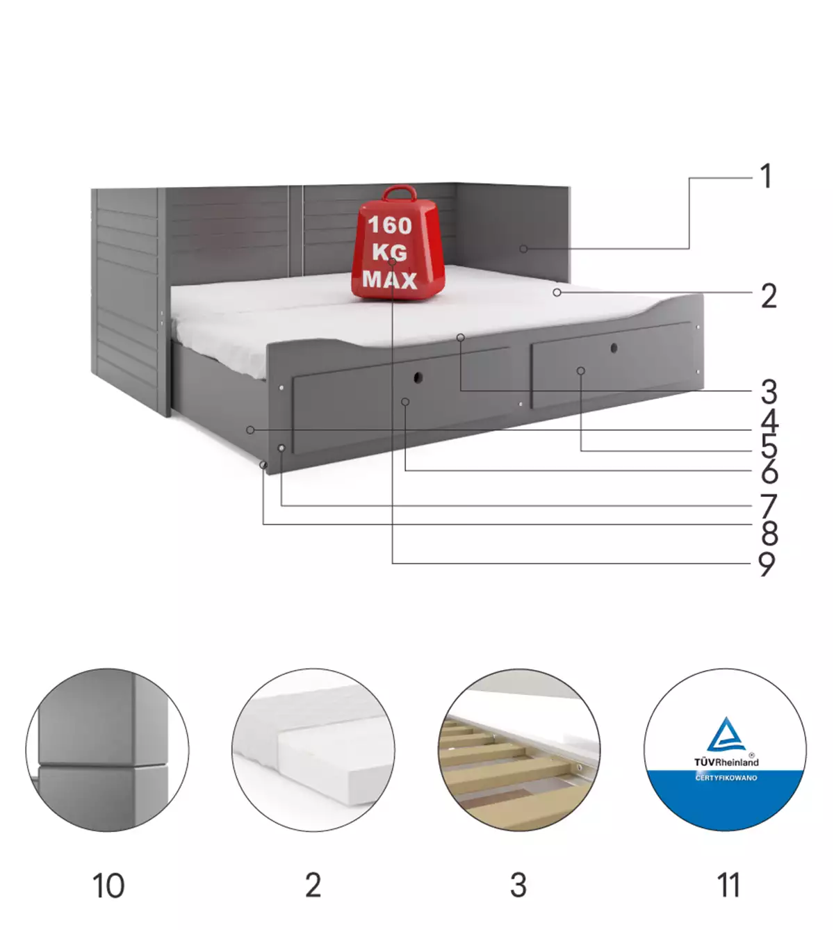Composants pour Lit ado gigogne Hermès 80X200 avec matelas et tiroir, gris Composants pour Lit ado gigogne Hermès 80X200 avec matelas et tiroir, gris
