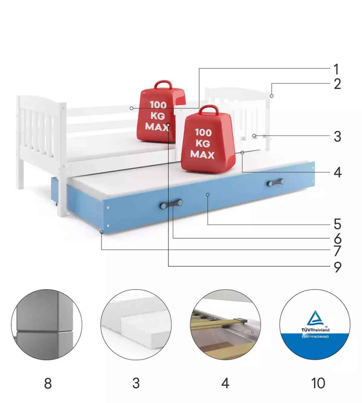 Composants pour Lit ado gigogne Jacquot 80X190 avec matelas et tiroir, blanc/bleu Composants pour Lit ado gigogne Jacquot 80X190 avec matelas et tiroir, blanc/bleu