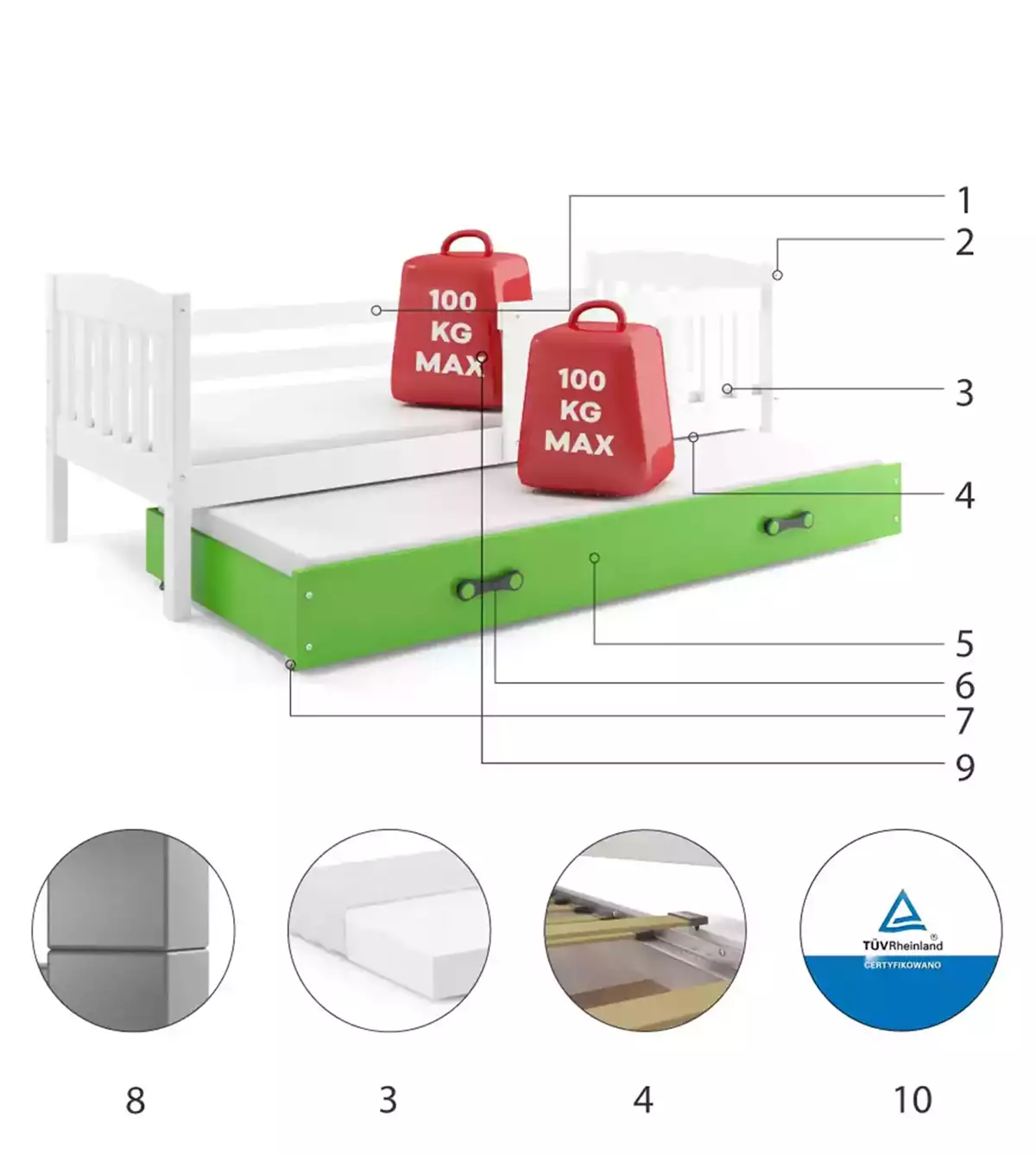 Composants pour Lit ado gigogne Jacquot 80X190 avec matelas et tiroir, blanc/vert Composants pour Lit ado gigogne Jacquot 80X190 avec matelas et tiroir, blanc/vert